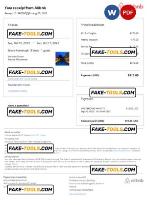Micronesia Airbnb booking confirmation Word and PDF template