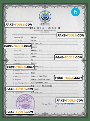 Micronesia birth certificate PSD template, completely editable