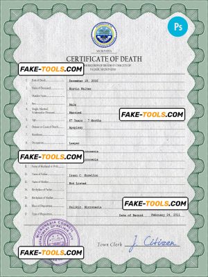 Micronesia vital record death certificate PSD template, fully editable