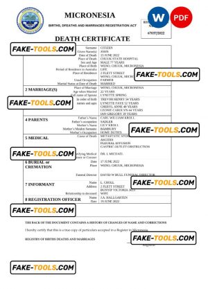 Micronesia vital record death certificate Word and PDF template