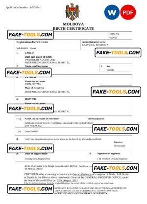 Moldova birth certificate Word and PDF template, completely editable