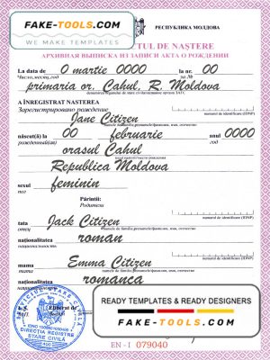 Moldova birth certificate template in PSD format, fully editable
