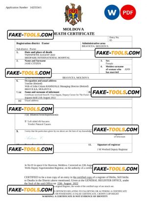 Moldova death certificate Word and PDF template, completely editable