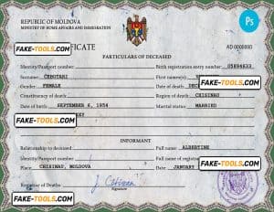 Moldova vital record death certificate PSD template, completely editable