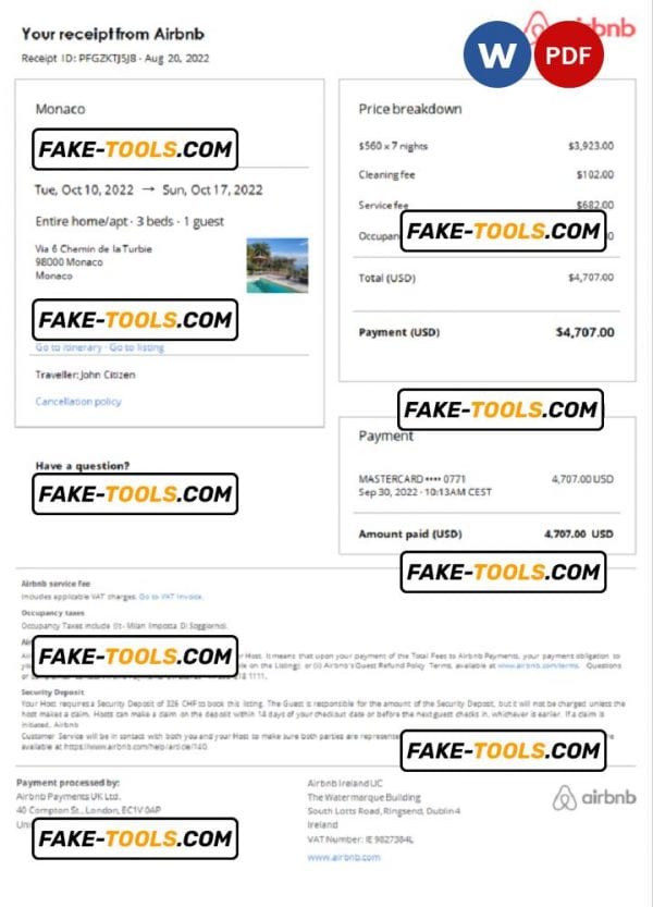 Monaco Airbnb booking confirmation Word and PDF template