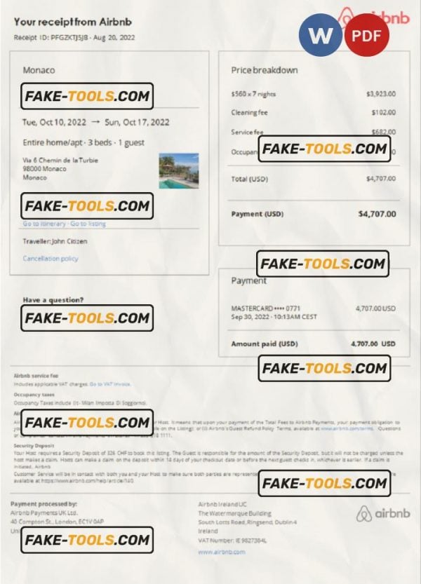 Monaco Airbnb booking confirmation Word and PDF template