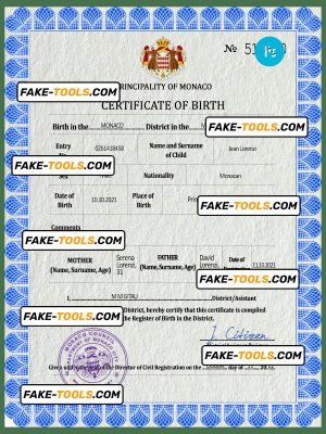 Monaco vital record birth certificate PSD template, fully editable