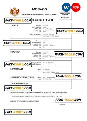 Monaco vital record birth certificate Word and PDF template, completely editable