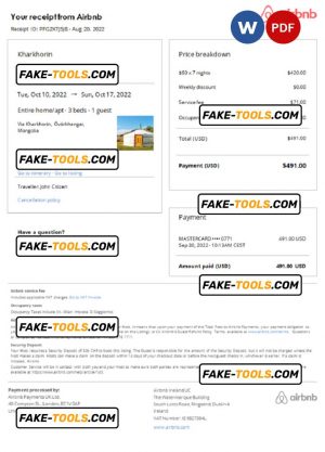 Mongolia Airbnb booking confirmation Word and PDF template