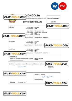 Mongolia birth certificate Word and PDF template, completely editable