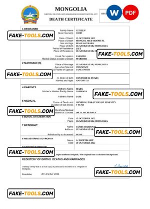 Mongolia vital record death certificate Word and PDF template