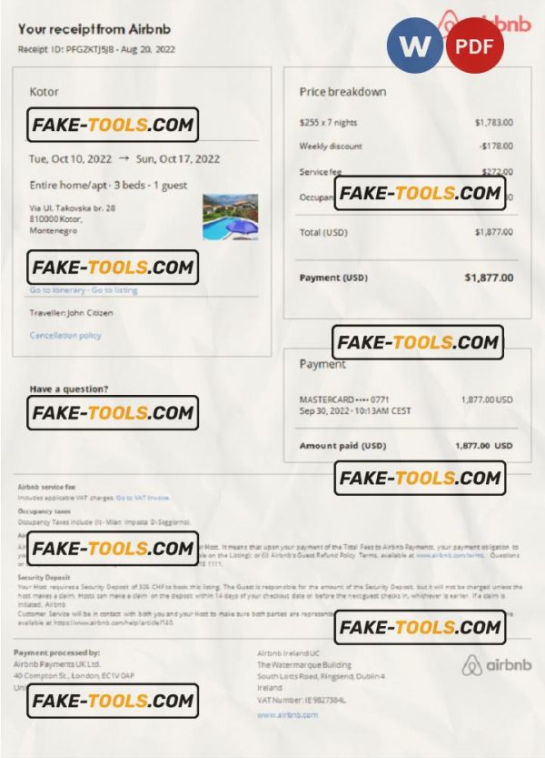 Montenegro Airbnb booking confirmation Word and PDF template scan effect