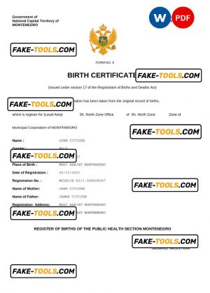 Montenegro birth certificate Word and PDF template, completely editable
