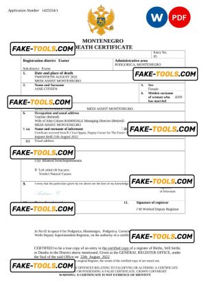 Montenegro death certificate Word and PDF template, completely editable