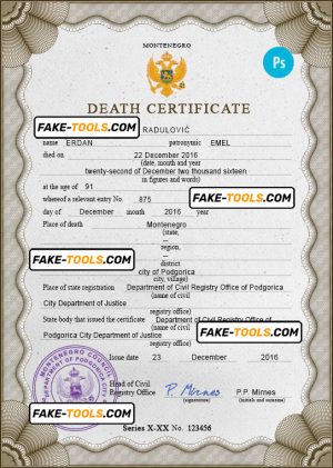 Montenegro vital record death certificate PSD template, fully editable