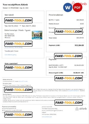 Morocco Airbnb booking confirmation Word and PDF template