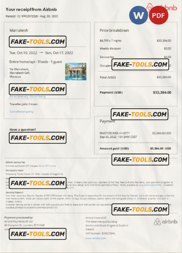 Morocco Airbnb booking confirmation Word and PDF template scan effect