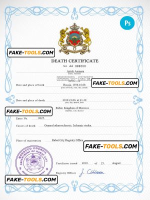 Morocco vital record death certificate PSD template, completely editable