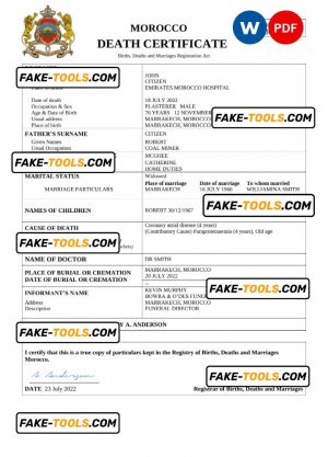 Morocco vital record death certificate Word and PDF template