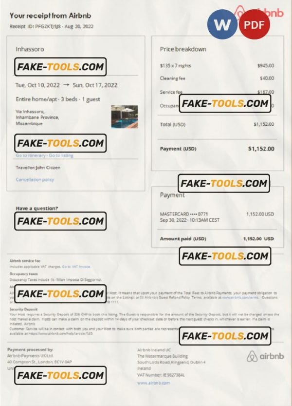 Mozambique Airbnb booking confirmation Word and PDF template