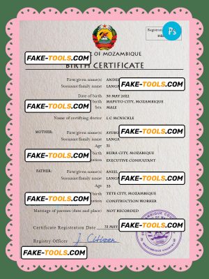 Mozambique birth certificate PSD template, completely editable