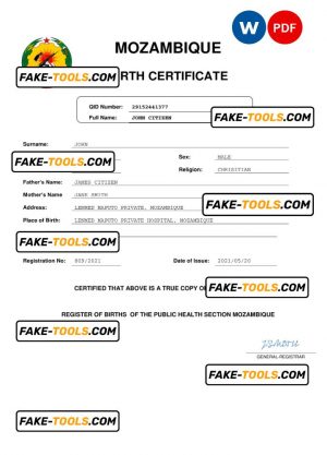 Mozambique birth certificate Word and PDF template, completely editable