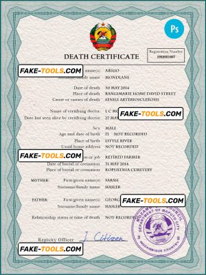 Mozambique vital record death certificate PSD template
