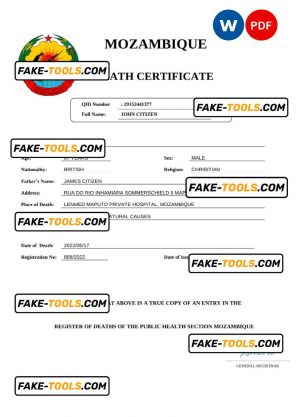 Mozambique vital record death certificate Word and PDF template