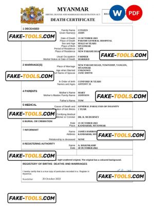 Myanmar death certificate Word and PDF template, completely editable