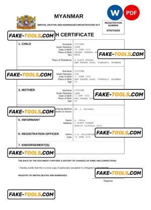 Myanmar vital record birth certificate Word and PDF template, completely editable
