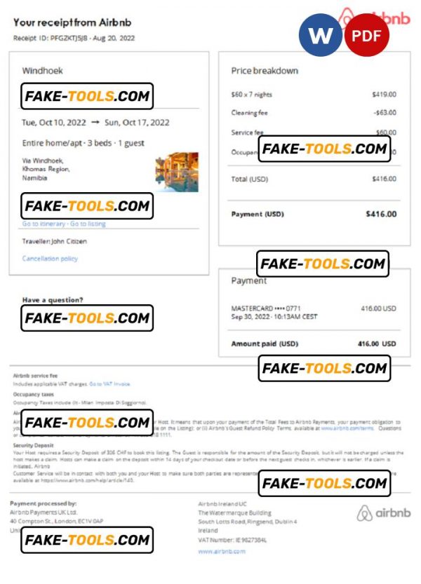 Namibia Airbnb booking confirmation Word and PDF template
