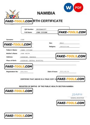 Namibia birth certificate Word and PDF template, completely editable