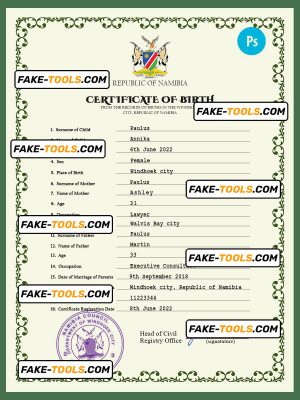 Namibia vital record birth certificate PSD template, fully editable