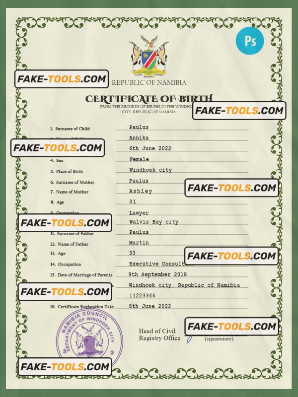 Namibia vital record birth certificate PSD template, fully editable ...