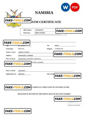 Namibia vital record death certificate Word and PDF template