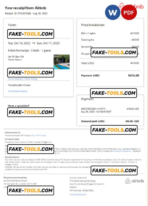 Nauru Airbnb booking confirmation Word and PDF template