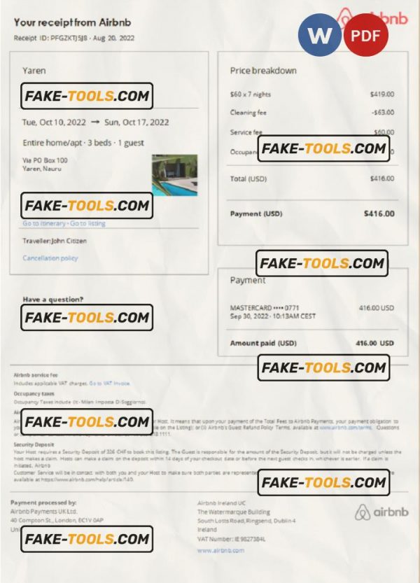 Nauru Airbnb booking confirmation Word and PDF template scan effect