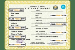 Nauru birth certificate PSD template, completely editable