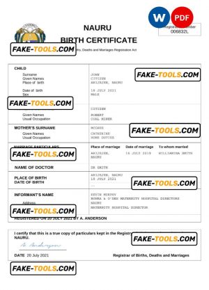 Nauru vital record birth certificate Word and PDF template, completely editable