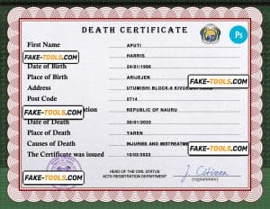 Nauru vital record death certificate PSD template, fully editable
