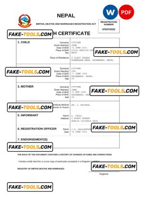 Nepal birth certificate Word and PDF template, completely editable