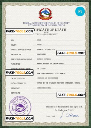 Nepal vital record death certificate PSD template, completely editable