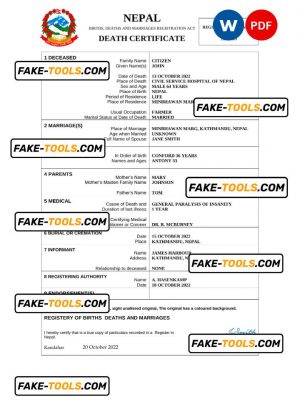 Nepal vital record death certificate Word and PDF template