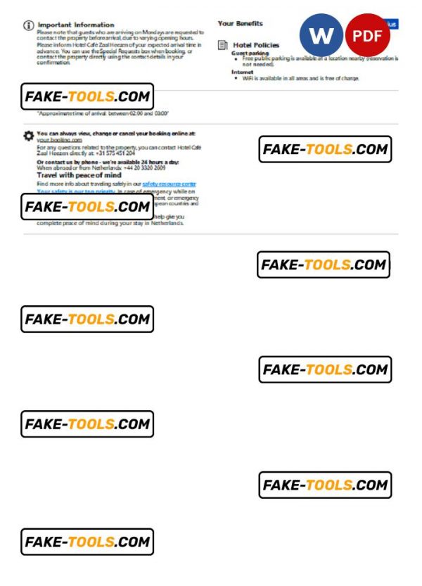 Netherlands hotel booking confirmation Word and PDF template, 2 pages