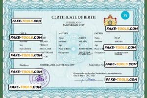 Netherlands vital record birth certificate PSD template, fully editable