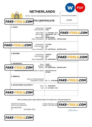 Netherlands vital record birth certificate Word and PDF template, completely editable