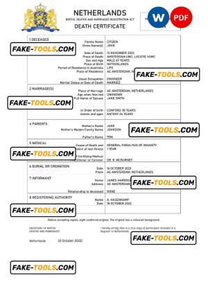 Netherlands vital record death certificate Word and PDF template