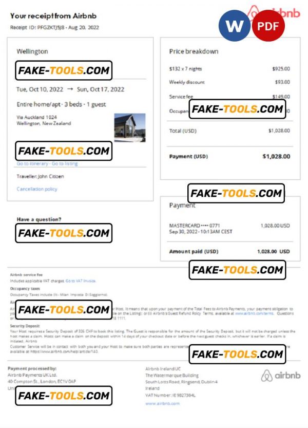 New Zealand Airbnb booking confirmation Word and PDF template