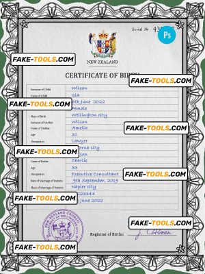 New Zealand birth certificate PSD template, completely editable