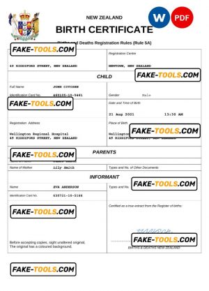 New Zealand birth certificate Word and PDF template, completely editable
